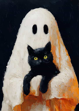 Ghost holding a black cat painting