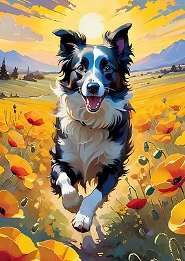 Happy Dog Running Through Poppy Field