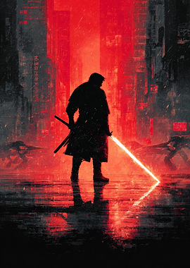 Cyberpunk Samurai in Red Cityscape