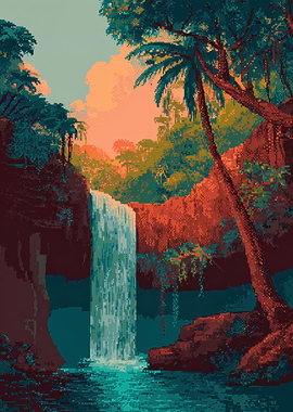 Pixel Art Waterfall in Jungle Landscape