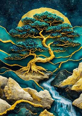 Golden Bonsai Tree with Waterfall