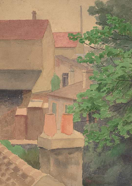 Watercolor Painting of Rooftops and Trees