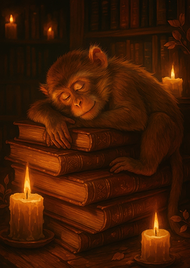 Sleeping Monkey on Books with Candles