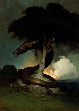 Dragon coiled around a tree painting