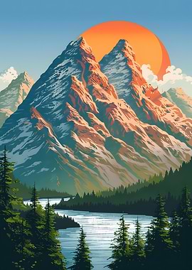 Mountain Landscape with Lake and Sunset