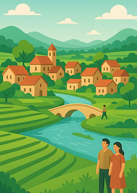 Scenic Village Landscape with Couple