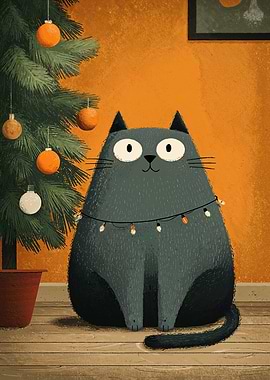 Christmas Cat with Tree and Lights