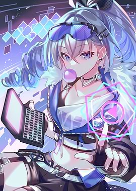 Anime Girl with Bubblegum and Laptop