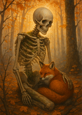 Skeleton and Fox in Autumn Forest
