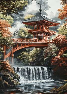 Japanese Pagoda over Bridge and Waterfall