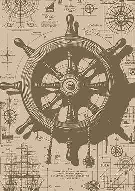 Nautical Ship Wheel Blueprint Art