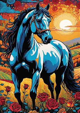 Blue Horse in Floral Landscape