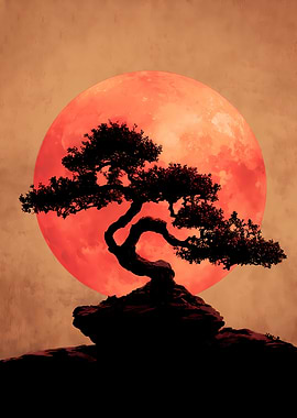 Bonsai Tree Silhouette with Red Moon