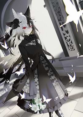 Anime Girl in Black Dress with Flowers