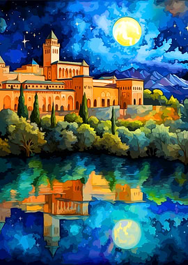 Alhambra Palace at Night Reflection Art