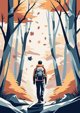 Hiker hiking through an autumn forest