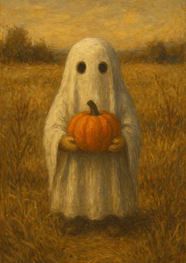 Ghost with Pumpkin in Field