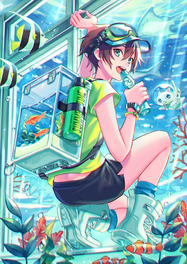 Anime Boy Underwater with Fish Tank
