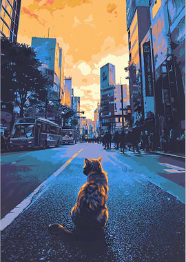 Cat in Cityscape Digital Art