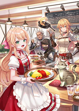 Anime characters in a restaurant setting