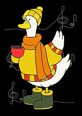 Cartoon Duck with Coffee and Music
