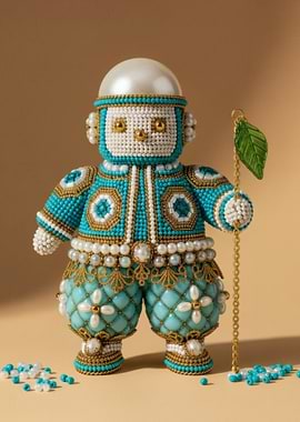 Beaded Robot Figurine with Leaf