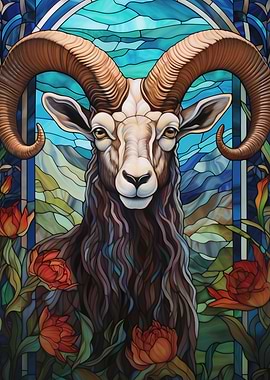 Stained Glass Ram with Floral Accents