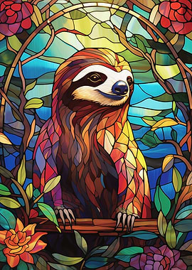 Stained Glass Sloth in Floral Frame