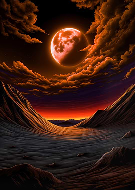 Orange Moon Over Barren Landscape