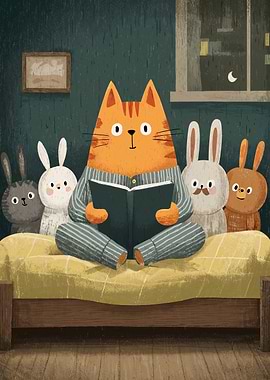 Cat reading to bunnies on bed