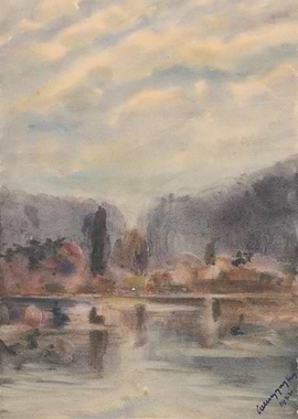 Watercolor Landscape with Lake and Trees