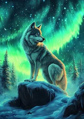 Wolf under the Northern Lights