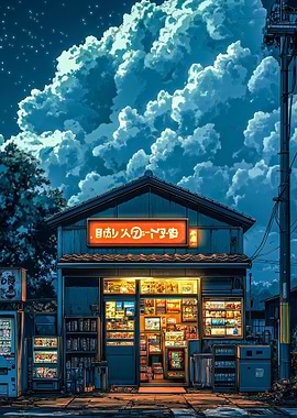 Japanese Storefront at Night with Clouds