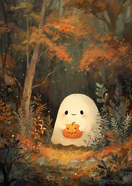 Cute Ghost with Pumpkin in Autumn Forest
