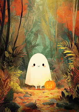 Cute Ghost with Pumpkin in Forest