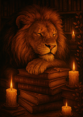 Lion Sleeping on Books with Candles