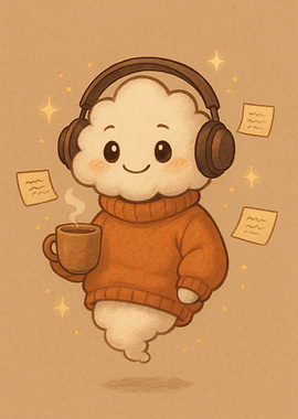 Cute Cloud with Headphones and Coffee