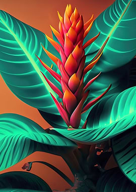 Tropical Flower with Large Green Leaves