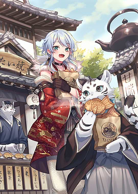 Anime girl with Taiyaki and tiger