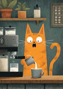 Surprised Cat Making Coffee