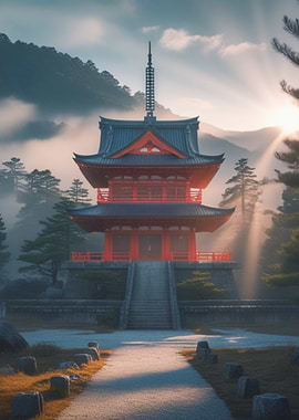 Japanese Pagoda in Misty Landscape