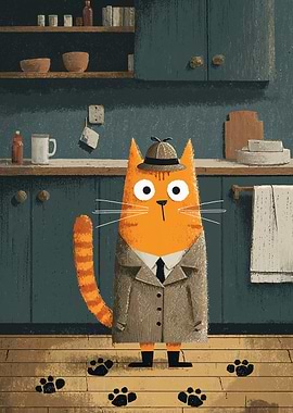 Detective Cat in Kitchen Illustration
