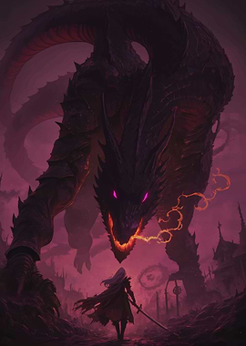 Dragon and Warrior in Fantasy Landscape