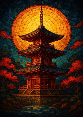 Japanese Pagoda Stained Glass Style
