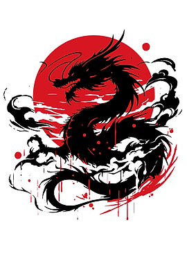Black Dragon with Red Sun