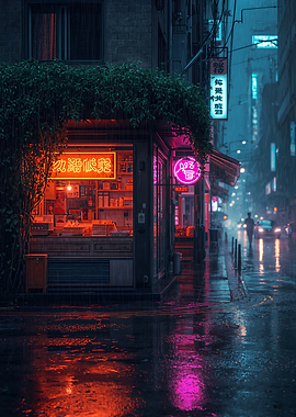 Rainy Neon Cityscape at Night