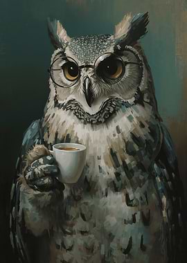 Owl with Glasses Drinking Coffee
