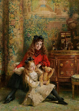 Two Girls with Teddy Bear Painting