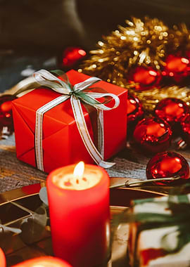 Festive Christmas Gift and Candle Still Life