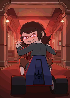 Cartoon Girl on Tricycle in Hallway